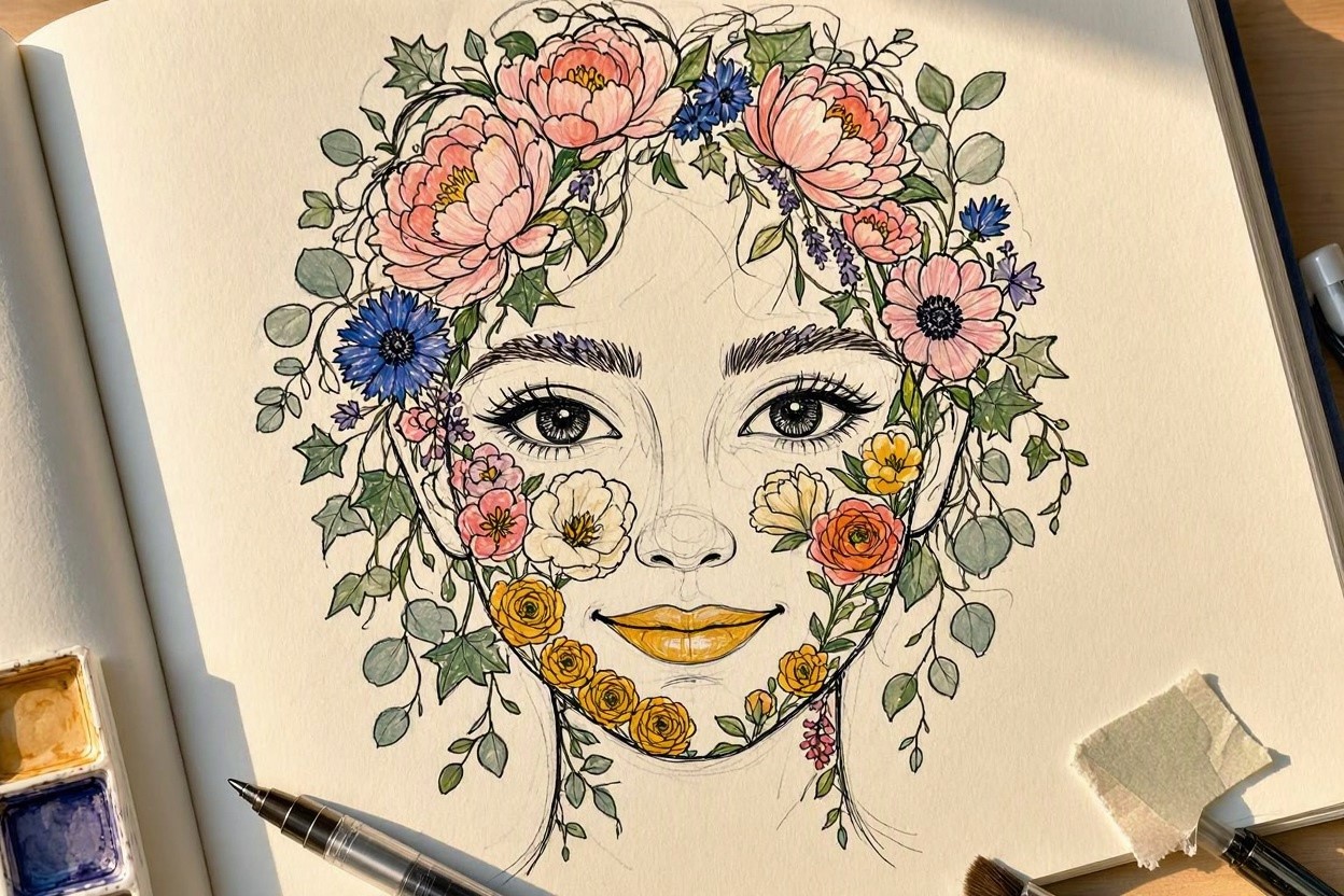 A Face Made Entirely of Flowers Top 10 Coolest Unique Drawing Ideas for Teens - 6