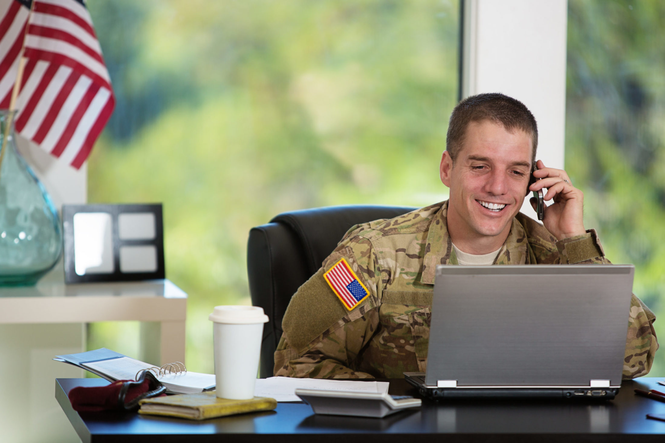 American Soldier in his office