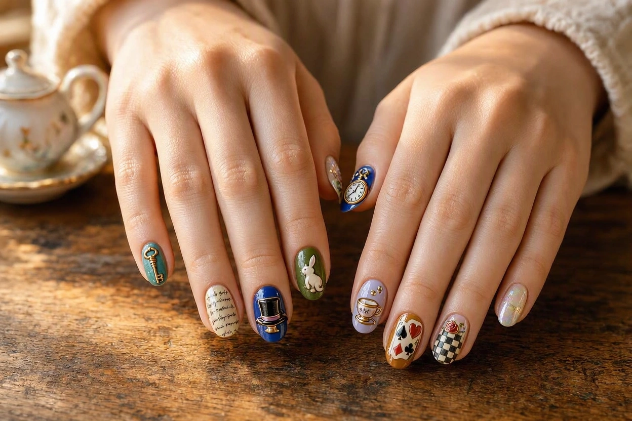 15 Magical Disney Nail Designs That Look Cute 10 Alice in Wonderland Nails for a Whimsical Finish 15 Magical Disney Nail Designs That Look Cute - 10