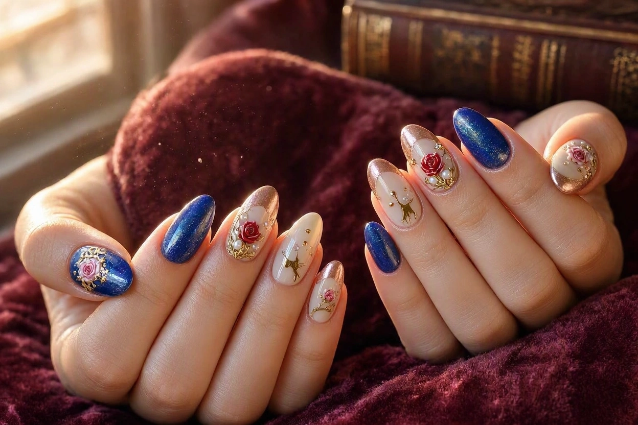 15 Magical Disney Nail Designs That Look Cute 8 Beauty and the Beast Nails with Romantic Details1 15 Magical Disney Nail Designs That Look Cute - 8