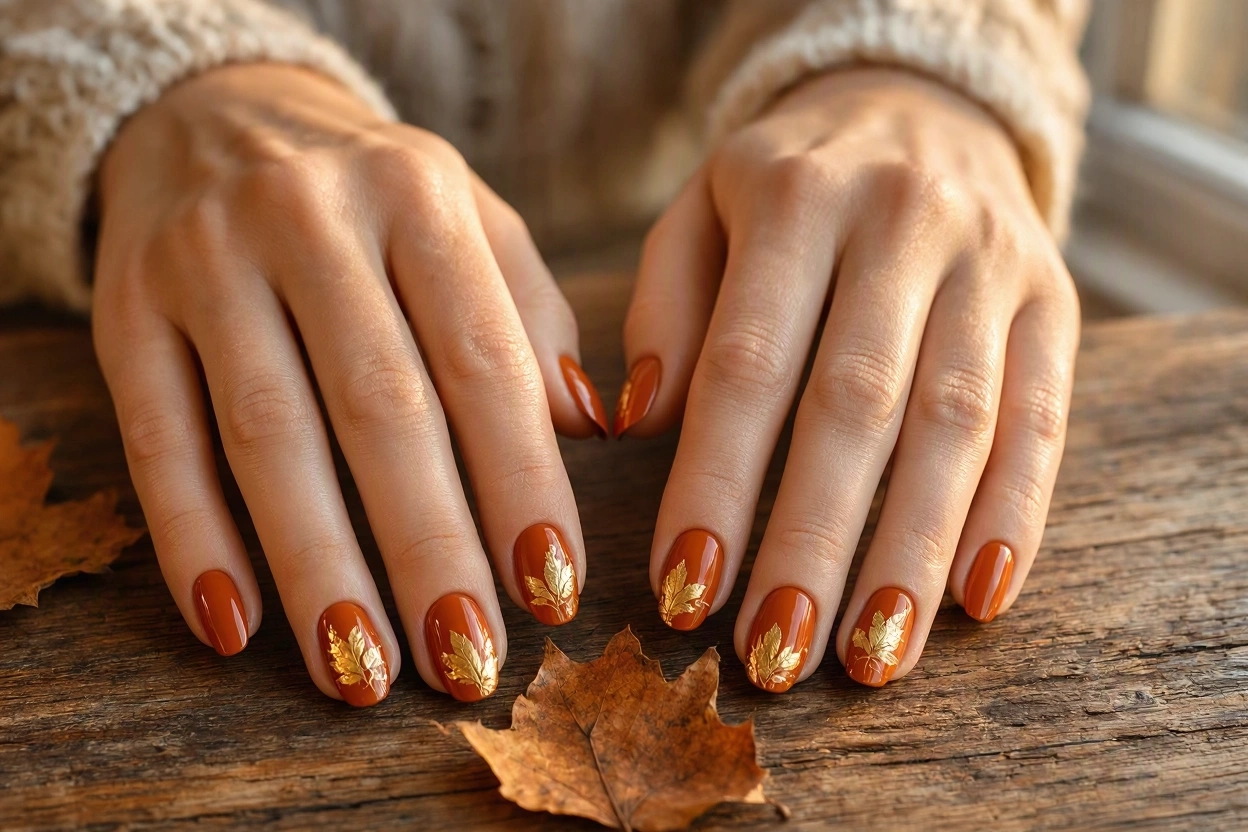 Top 10 Hottest Thanksgiving Nail Art Designs To Try 2 Burnt Orange Nails with Gold Autumn Leaves Top 10 Hottest Thanksgiving Nail Art Designs To Try - 2