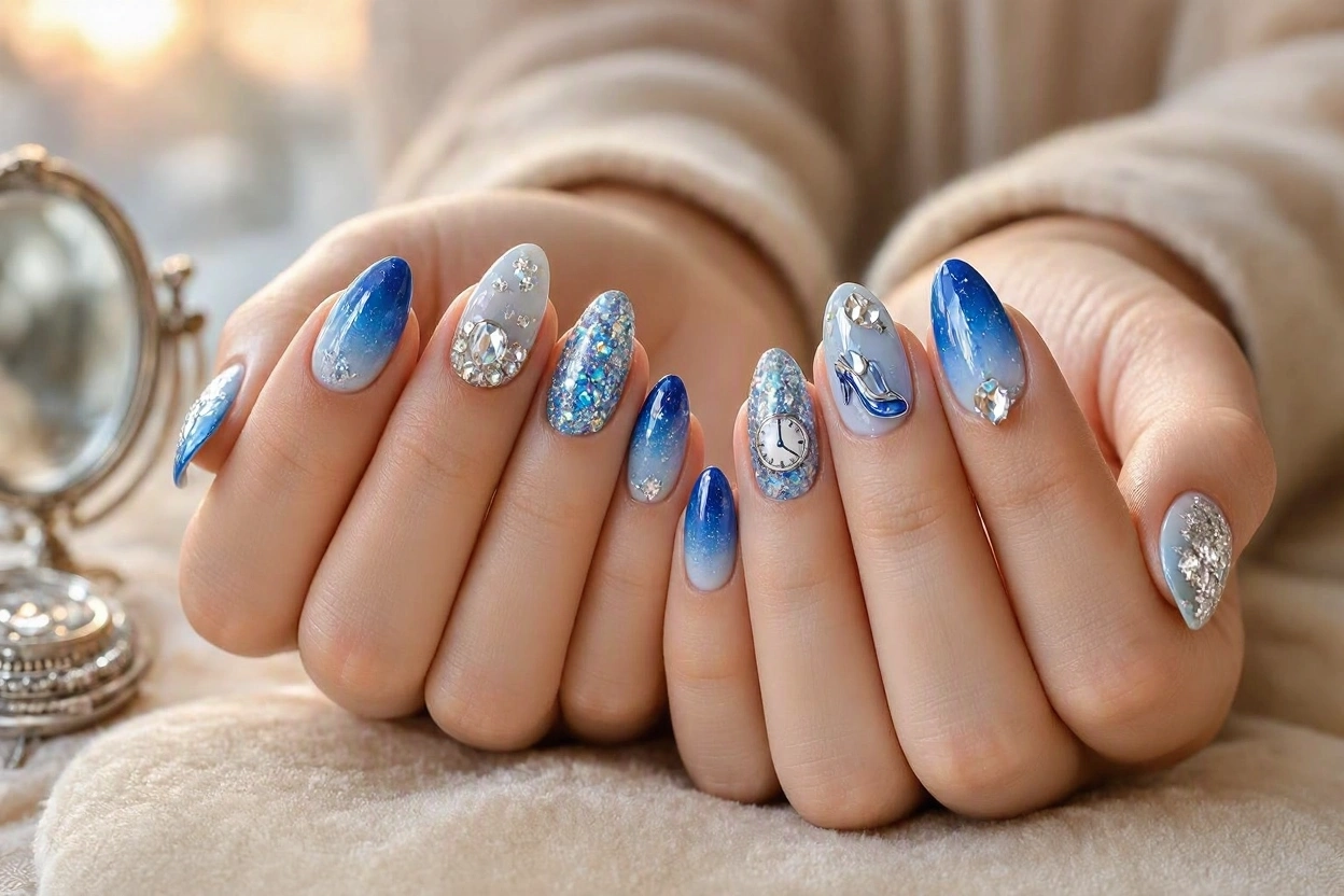 15 Magical Disney Nail Designs That Look Cute 2 Cinderella Inspired Nails with Sparkling Blue Details 15 Magical Disney Nail Designs That Look Cute - 2