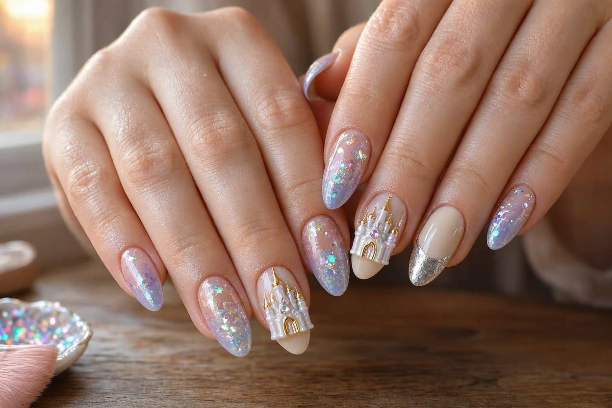 15 Magical Disney Nail Designs That Look Cute 15 Disney Castle Nails with Magical Glitter1 15 Magical Disney Nail Designs That Look Cute - 15