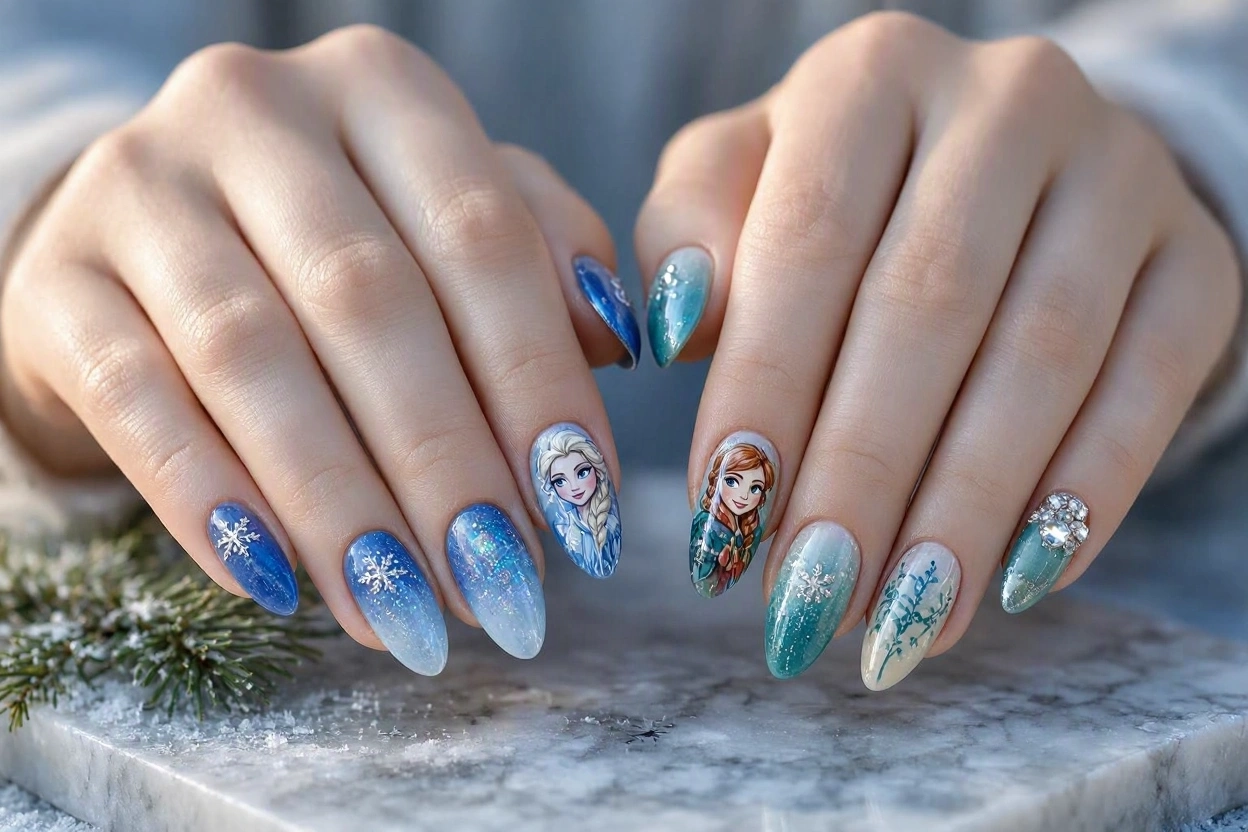 15 Magical Disney Nail Designs That Look Cute 4 Frozen Inspired Nails with Elsa and Anna Magic 15 Magical Disney Nail Designs That Look Cute - 4