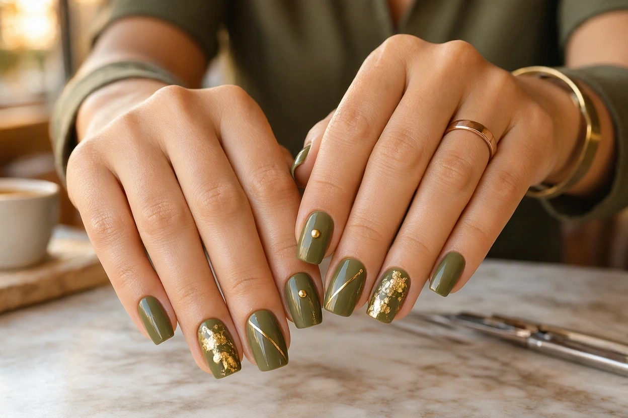 Top 10 Hottest Thanksgiving Nail Art Designs To Try 10 Olive Green Nails with Gold Accents Top 10 Hottest Thanksgiving Nail Art Designs To Try - 10
