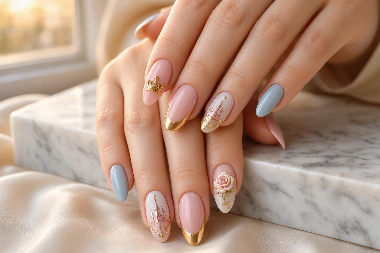 15 Magical Disney Nail Designs That Look Cute 13 Sleeping Beauty Nails with Pink and Gold Details 15 Magical Disney Nail Designs That Look Cute - 13