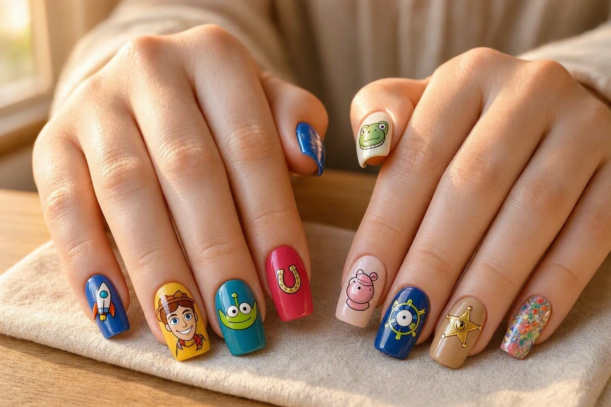 15 Magical Disney Nail Designs That Look Cute 11 Toy Story Nails with Colorful Character Art 15 Magical Disney Nail Designs That Look Cute - 11