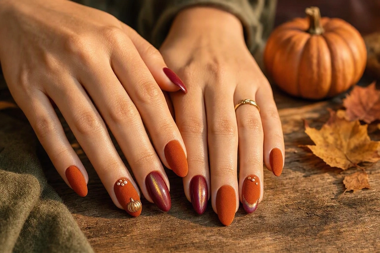 Top 10 Hottest Thanksgiving Nail Art Designs To Try 11 Velvet and Cat Eye Thanksgiving Nails Top 10 Hottest Thanksgiving Nail Art Designs To Try - 11