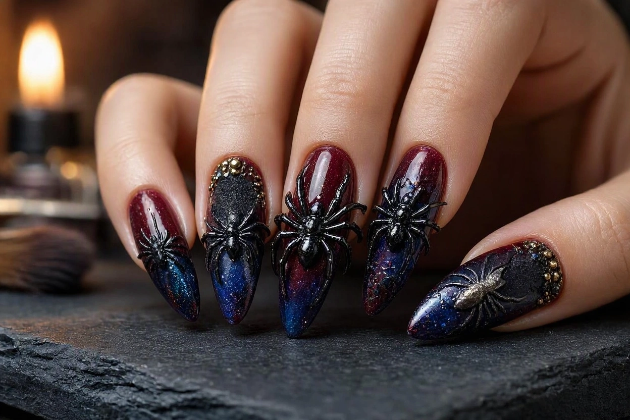 15 Seriously Spooky Halloween Nail Art Ideas 12 3D Spider Nails for Extra Scary 15 Seriously Spooky Halloween Nail Art Ideas - 12