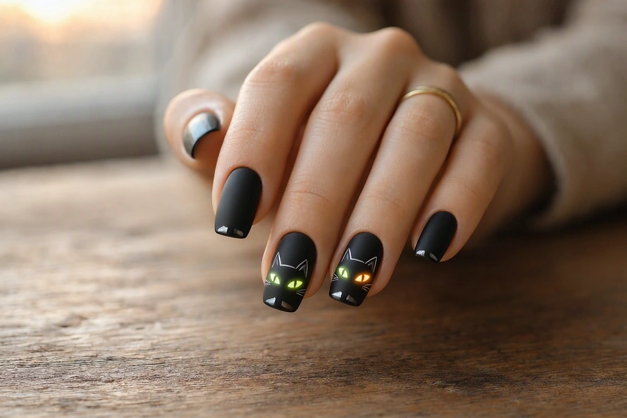 15 Seriously Spooky Halloween Nail Art Ideas 10 Black Cat Nails with Mysterious Glowing Eyes 15 Seriously Spooky Halloween Nail Art Ideas - 10