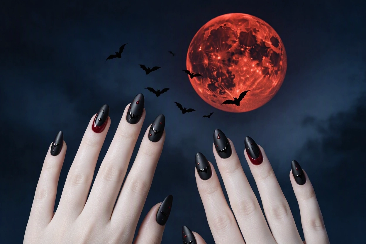 15 Seriously Spooky Halloween Nail Art Ideas 16 Blood Moon and Bat Nails for a Gothic Night Sky Look 15 Seriously Spooky Halloween Nail Art Ideas - 16