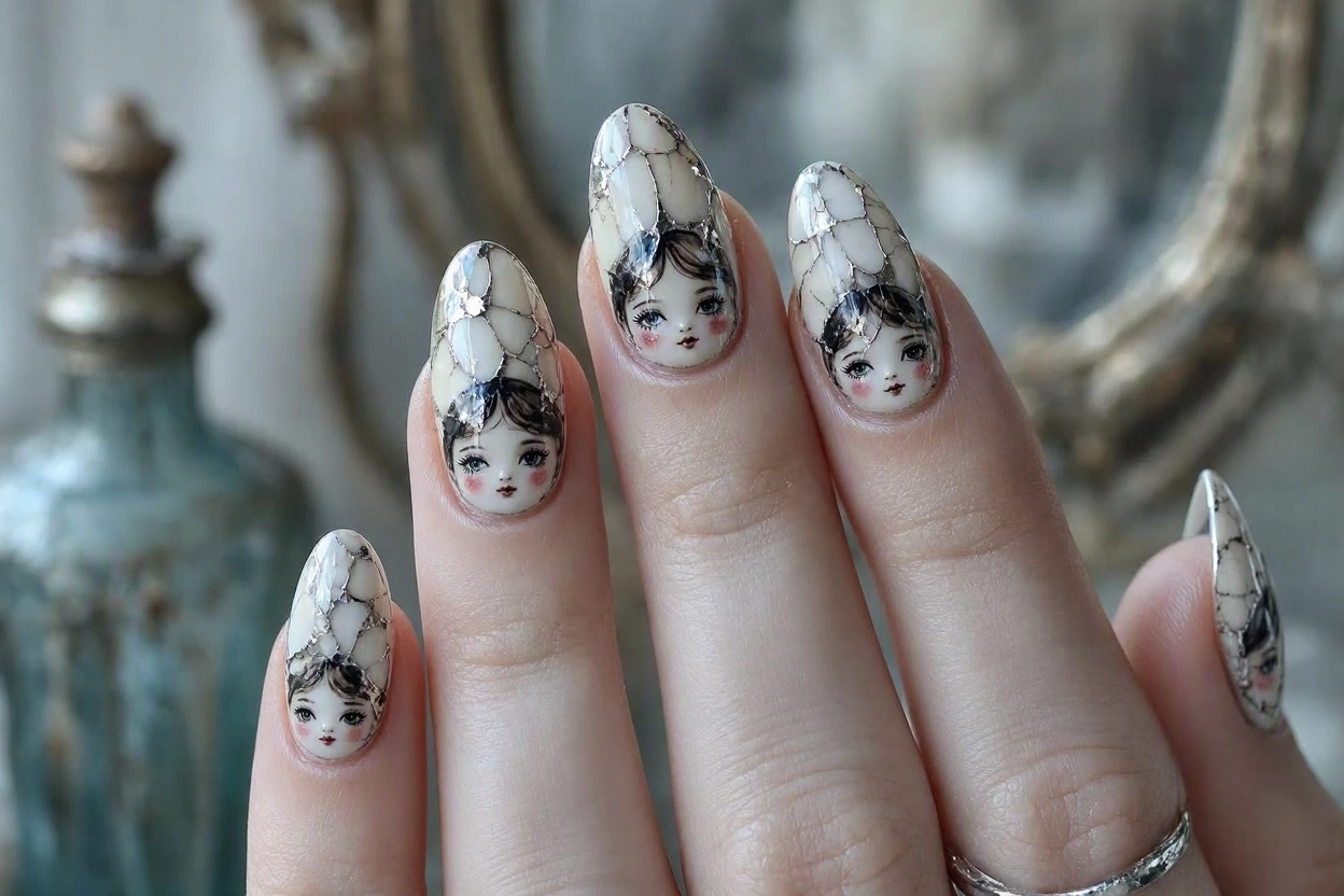 15 Seriously Spooky Halloween Nail Art Ideas 15 Creepy Doll Face Nails with Cracked Porcelain Effects 15 Seriously Spooky Halloween Nail Art Ideas - 15