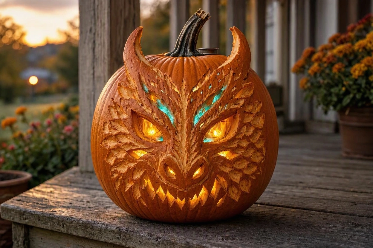 Enchanted Dragon Pumpkin With Glowing Eyes and Scales 17 Most Creative Pumpkin Carving Ideas for a Happy Halloween - 19 pumpkin carving ideas