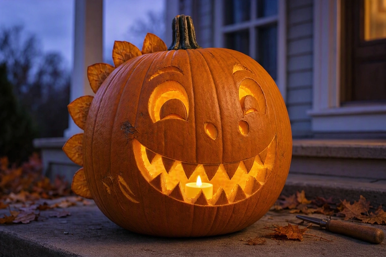 Friendly Dinosaur Pumpkin With Sharp Teeth 17 Most Creative Pumpkin Carving Ideas for a Happy Halloween - 15 pumpkin carving ideas