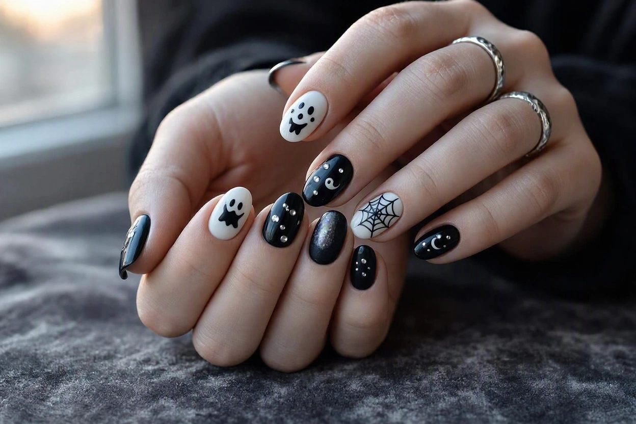 15 Seriously Spooky Halloween Nail Art Ideas 4 Ghostly Black and White Nails for a Creepy Cute Effect 15 Seriously Spooky Halloween Nail Art Ideas - 4