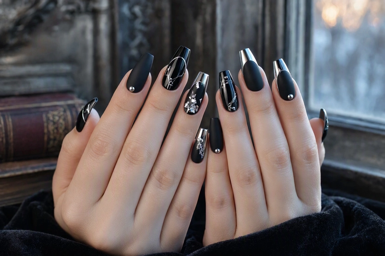 15 Seriously Spooky Halloween Nail Art Ideas 11 Gothic Coffin Nails with Black and Silver Accents 15 Seriously Spooky Halloween Nail Art Ideas - 11