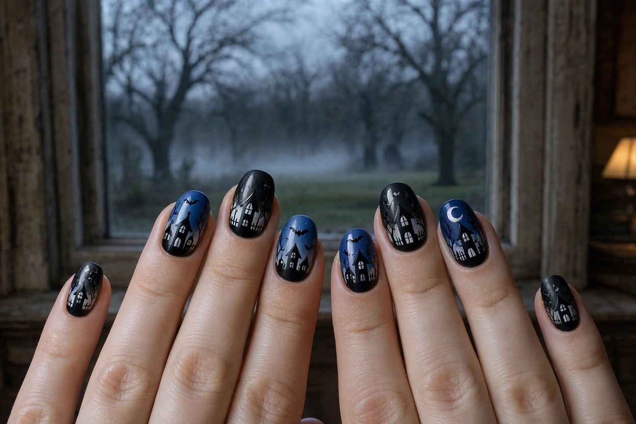 15 Seriously Spooky Halloween Nail Art Ideas 8 Haunted House Silhouette Nails with an Eerie Night Sky 15 Seriously Spooky Halloween Nail Art Ideas - 8