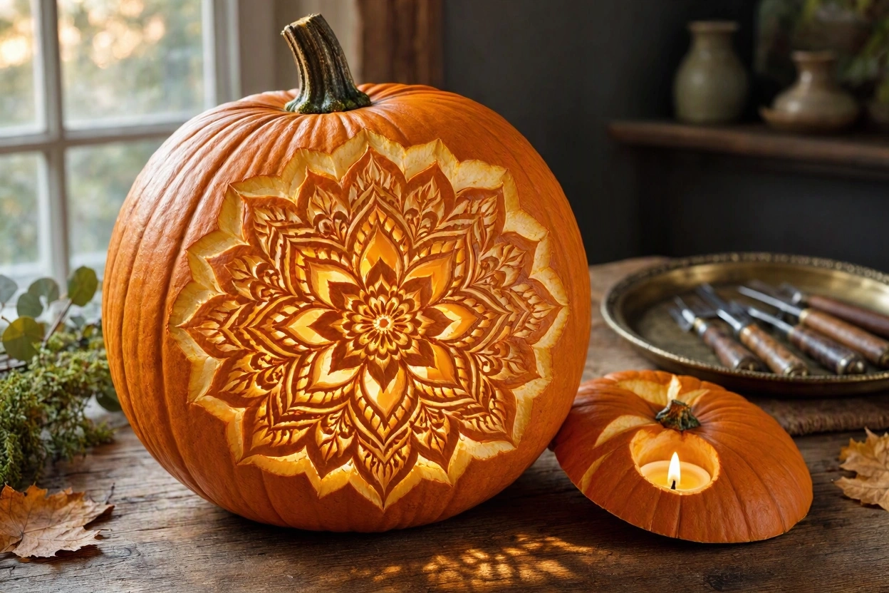 Intricate Floral Mandala Pumpkin for Elegant Halloween Decor 17 Most Creative Pumpkin Carving Ideas for a Happy Halloween - 8 pumpkin carving ideas