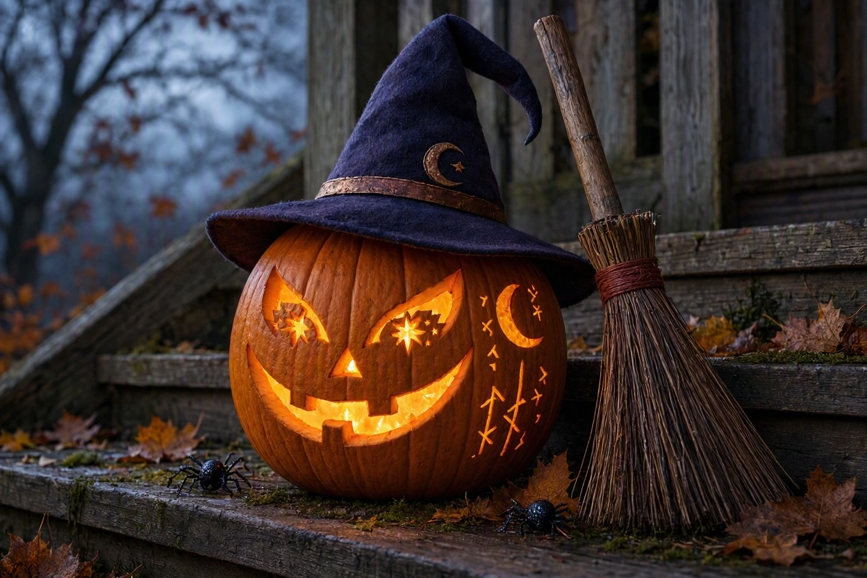Magical Witch Pumpkin With a Hat and Broomstick 17 Most Creative Pumpkin Carving Ideas for a Happy Halloween - 13 pumpkin carving ideas