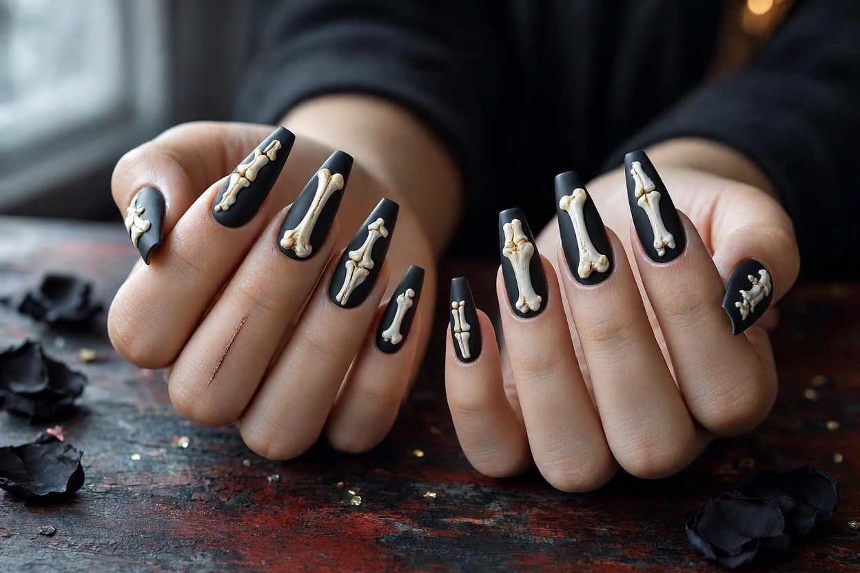 15 Seriously Spooky Halloween Nail Art Ideas 7 Skeleton Bone Nails for a Frightening Finish 15 Seriously Spooky Halloween Nail Art Ideas - 7