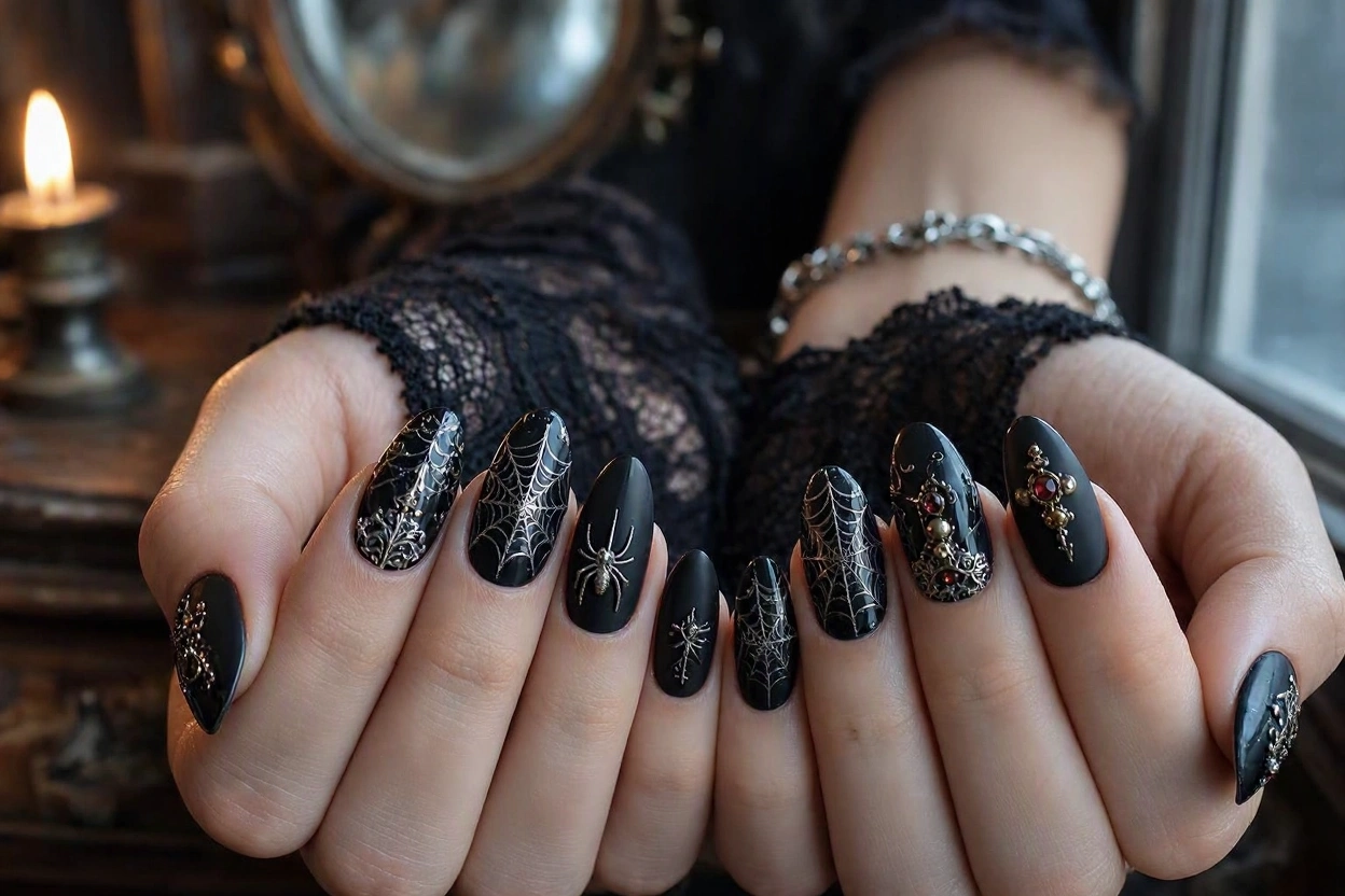 15 Seriously Spooky Halloween Nail Art Ideas 5 Spiderweb Nails with Intricate Gothic Details 15 Seriously Spooky Halloween Nail Art Ideas - 5