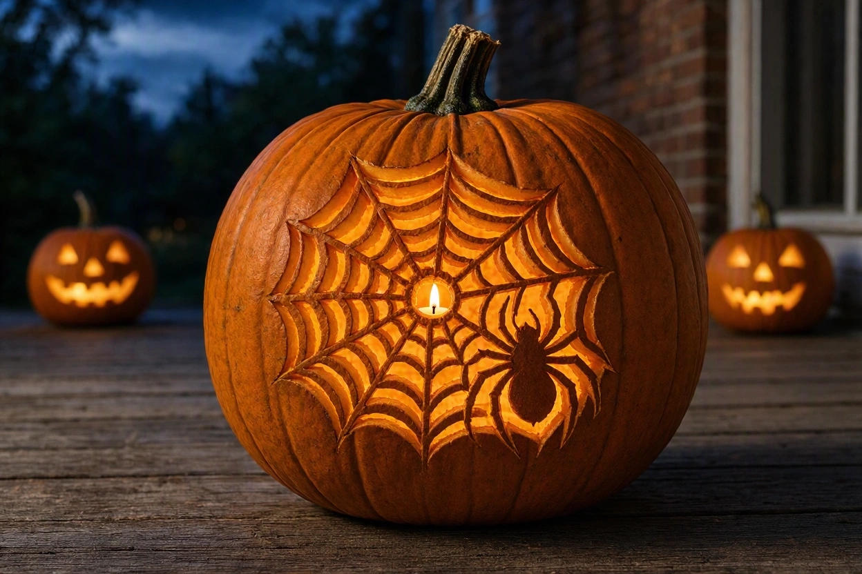 Spiderweb Pumpkin With a Creepy Spider Silhouett 17 Most Creative Pumpkin Carving Ideas for a Happy Halloween - 17 pumpkin carving ideas