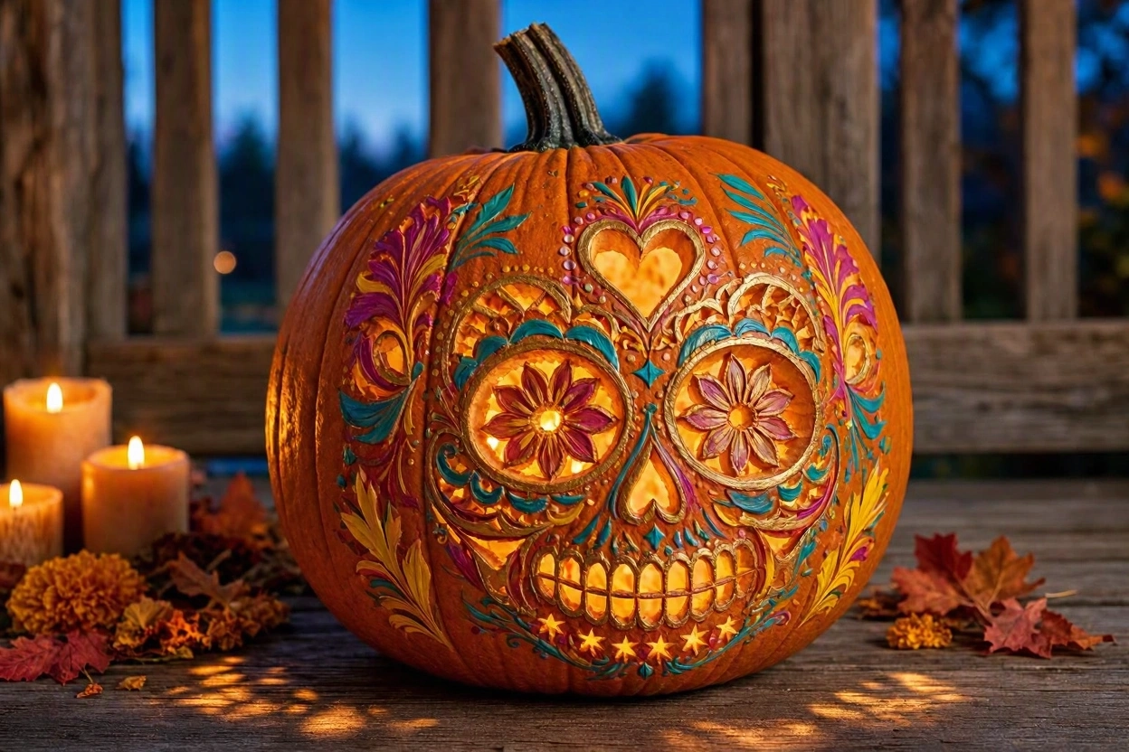 Sugar Skull Inspired Pumpkin With Decorative Patterns 17 Most Creative Pumpkin Carving Ideas for a Happy Halloween - 14 pumpkin carving ideas