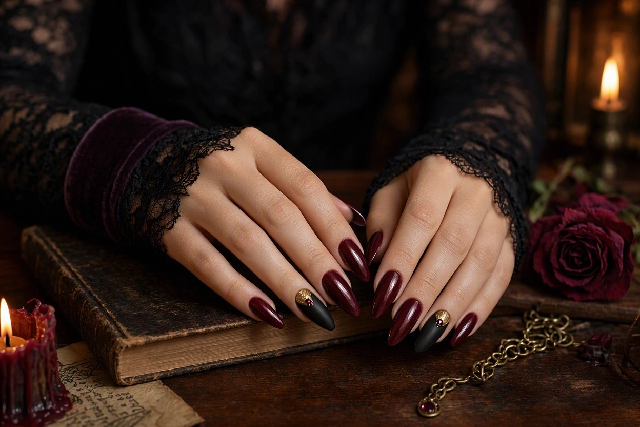 15 Seriously Spooky Halloween Nail Art Ideas 6 Vampire Inspired Burgundy Nails for Dark Romance 15 Seriously Spooky Halloween Nail Art Ideas - 6