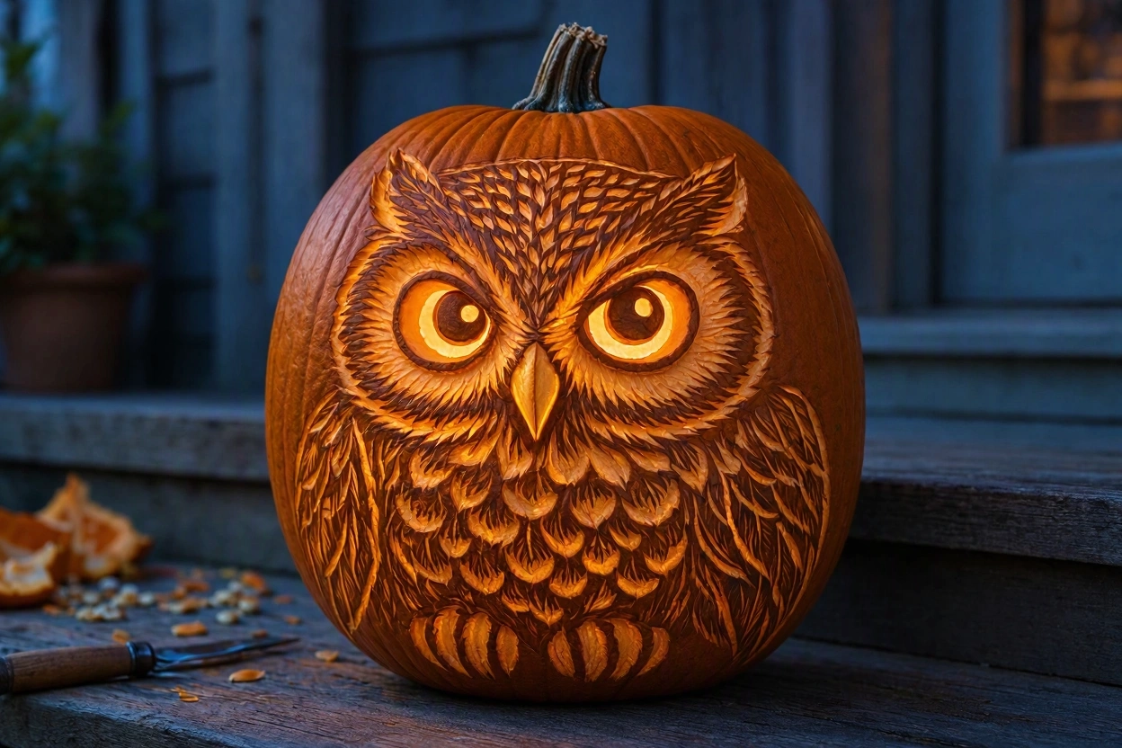 Wise Owl Pumpkin With Detailed Feather Patterns 17 Most Creative Pumpkin Carving Ideas for a Happy Halloween - 9 pumpkin carving ideas