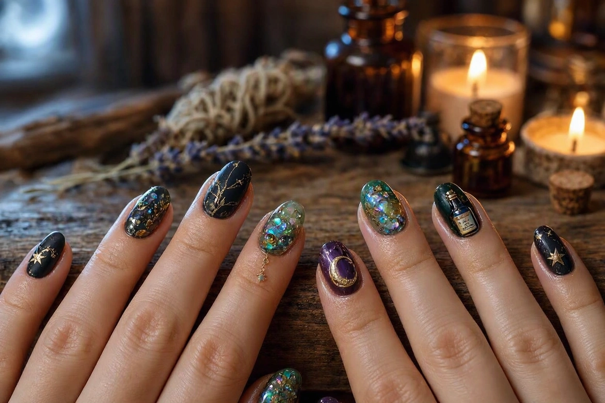 15 Seriously Spooky Halloween Nail Art Ideas 14 Witchcraft and Potion Nails with Magical Details 15 Seriously Spooky Halloween Nail Art Ideas - 14