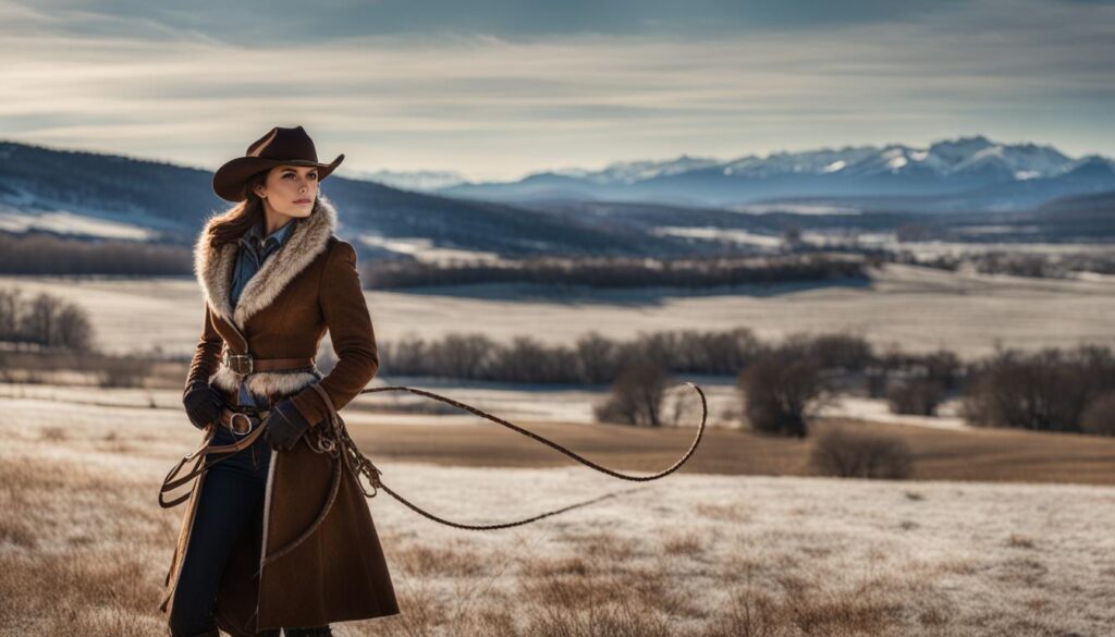 Cowgirl wearing fur-lined jacket on ranch