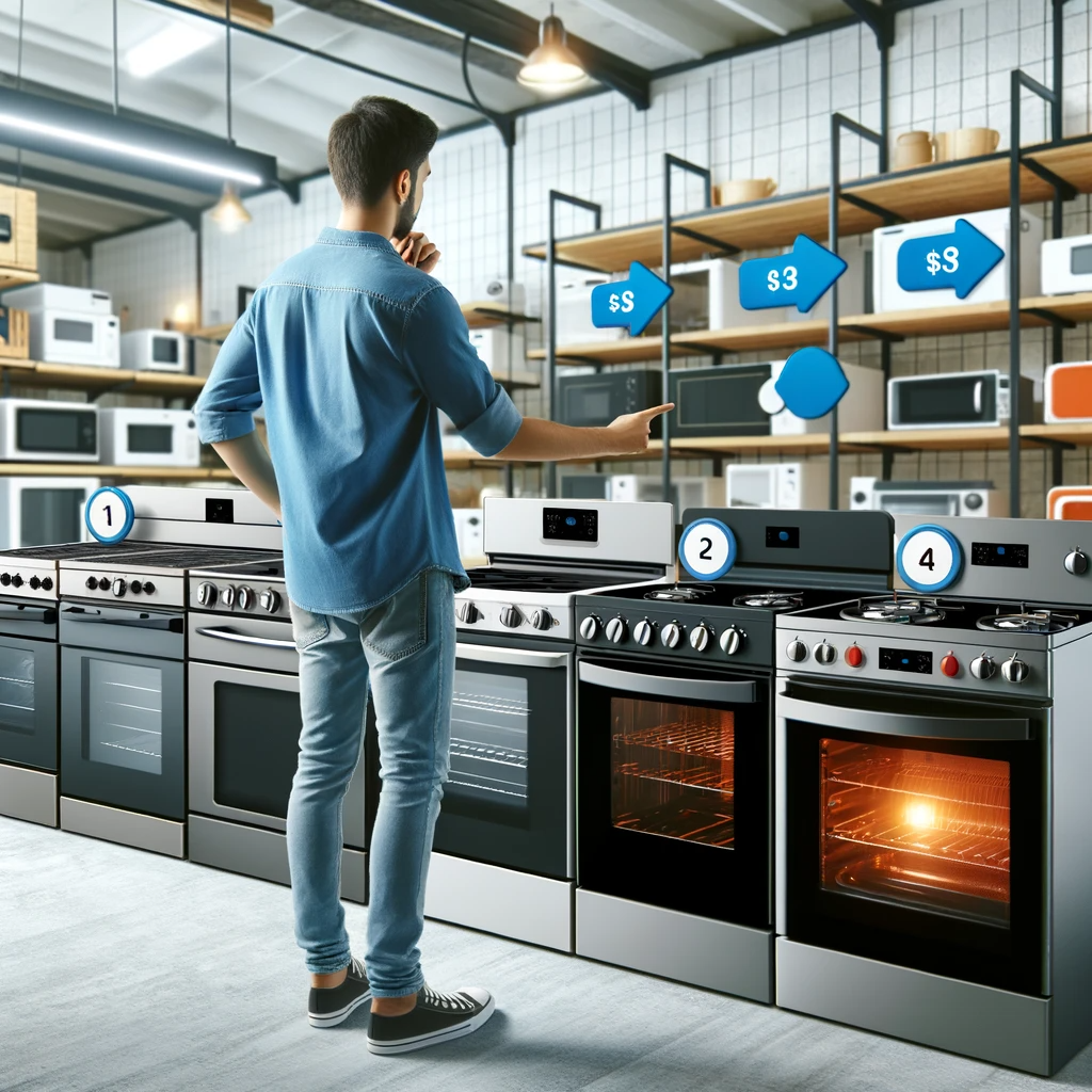 Customer comparing various cooking stove models in an appliance store, illustrating the process of making an informed decision.