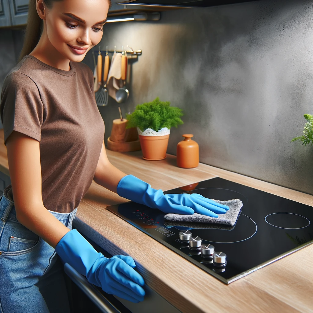 Demonstrating proper cleaning of a modern stove with a microfiber cloth, emphasizing the importance of regular maintenance for longevity.
