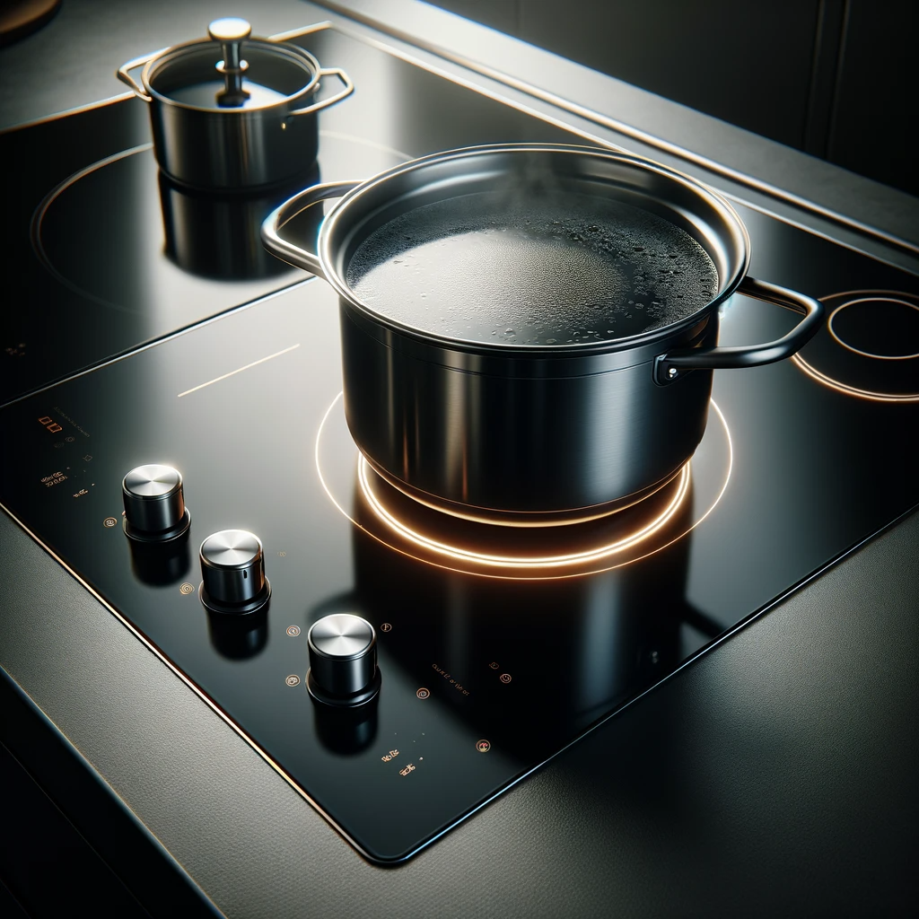 Close-up view of an electric stove's ceramic cooktop with a boiling pot, showcasing its sleek and modern design