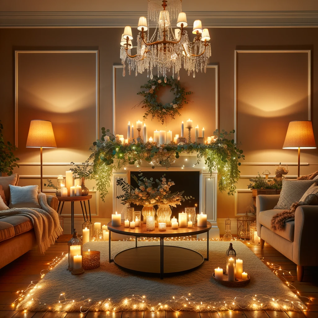 Cozy January evening in a living room with diverse lighting, featuring a chandelier, amber-shaded floor lamps, fairy lights, and candlelight.