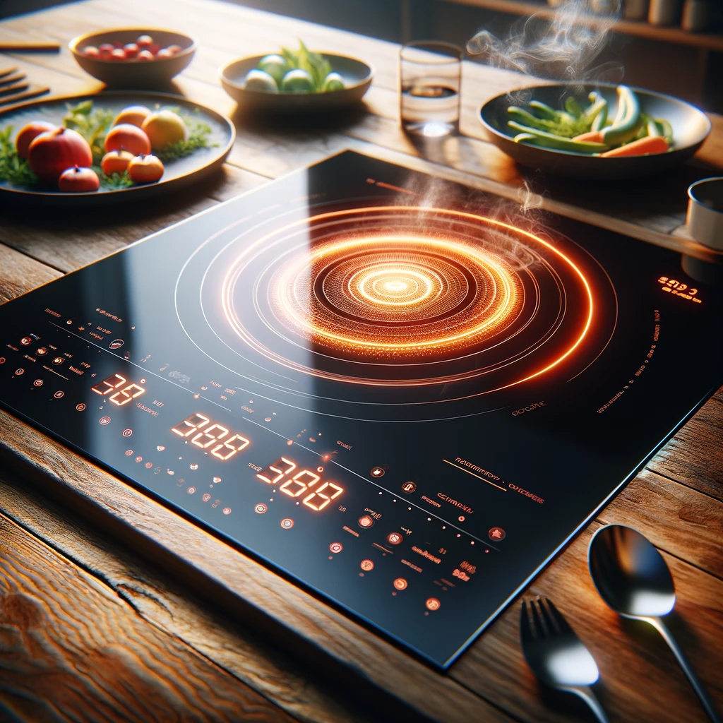 Induction stove in use with a clear view of its digital temperature control panel, emphasizing its high-tech and efficient design.