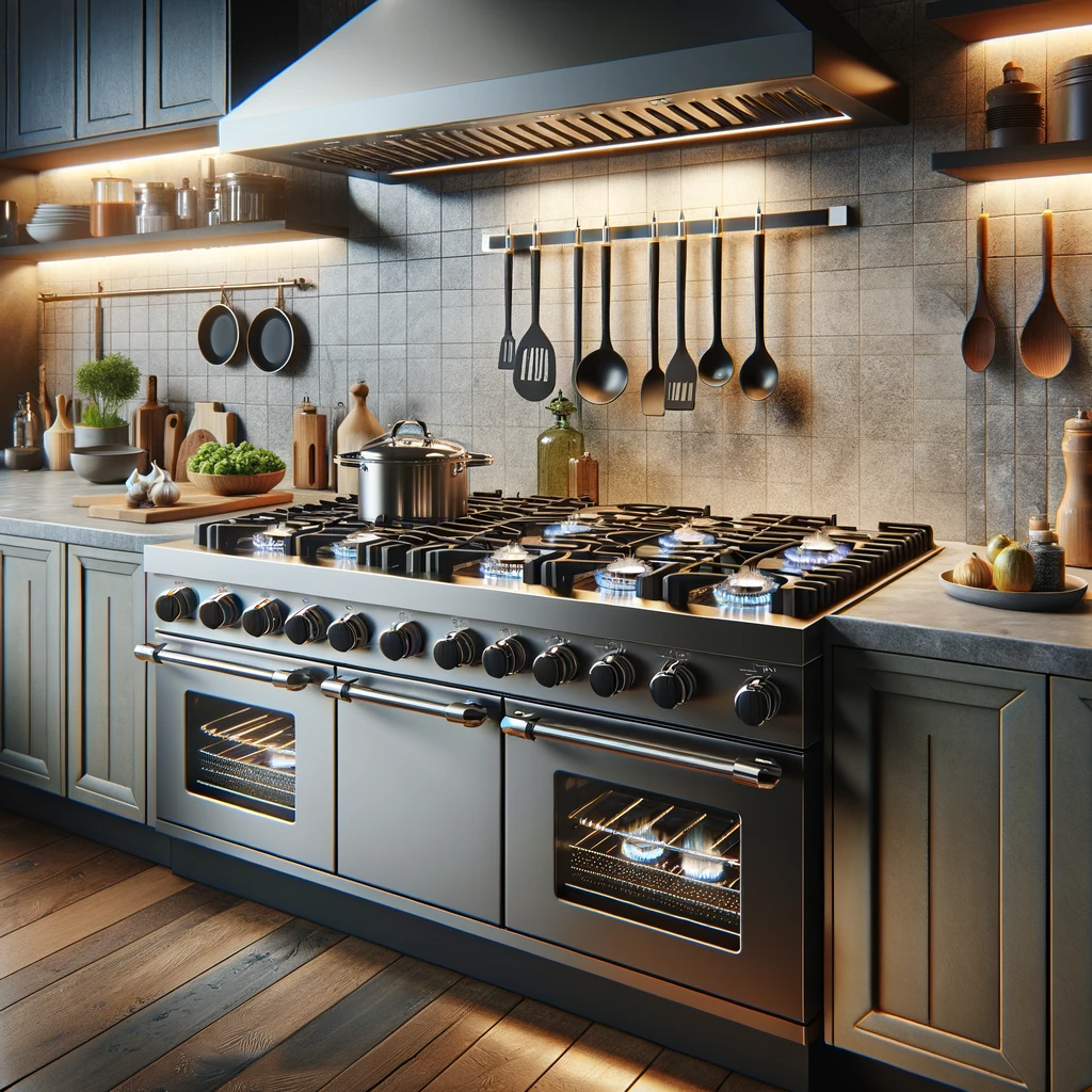 Contemporary kitchen with a professional-grade gas stove highlighting its multiple burners and robust design