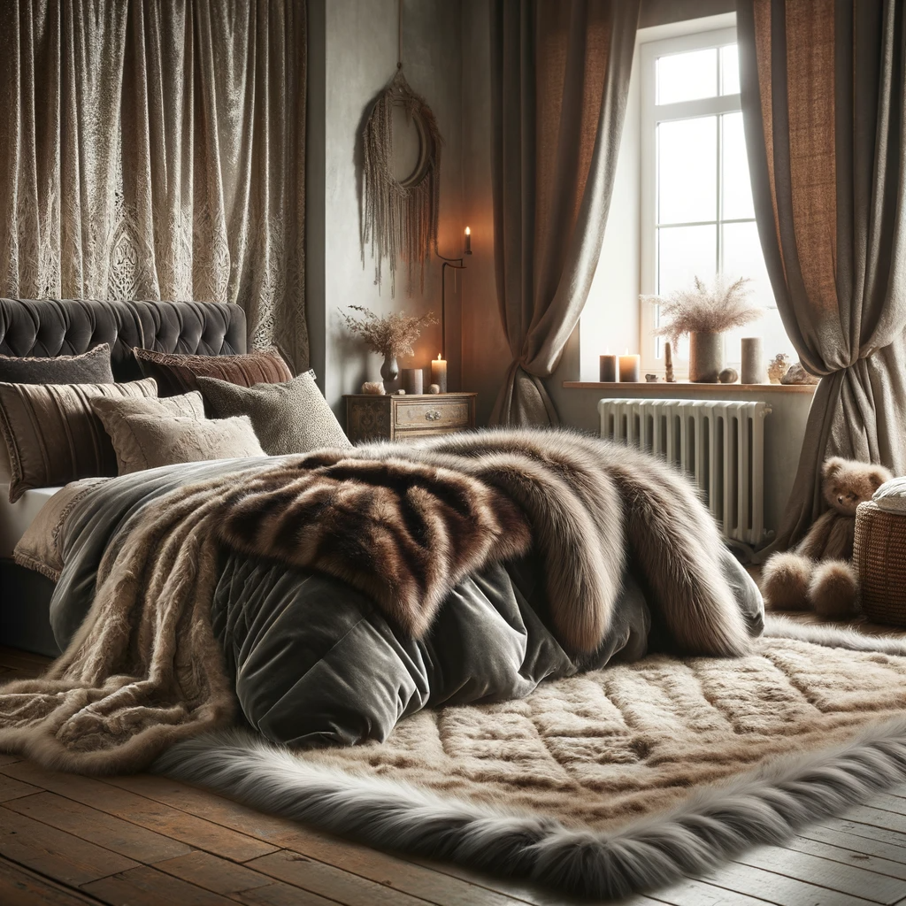 Cozy winter bedroom with luxurious velvet duvet, woolen rug, and faux fur throw, framed by heavy cotton curtains.