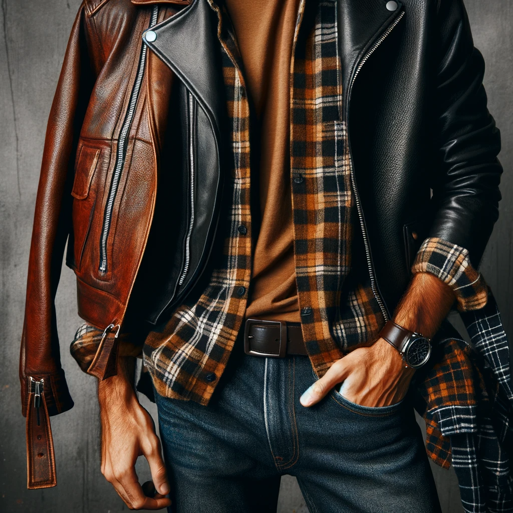 Man in fall attire with a leather jacket over flannel and t-shirt, jeans, and Chelsea boots, exuding autumn style.