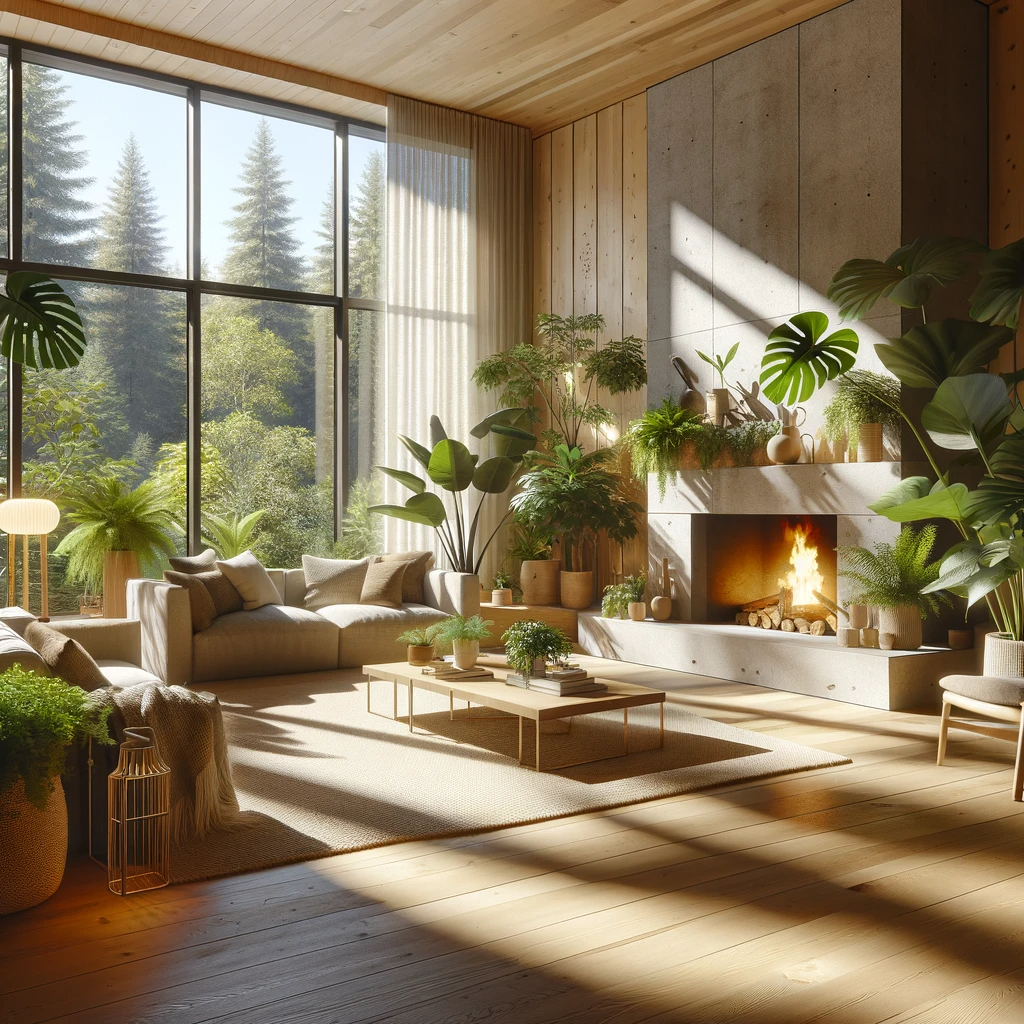 Spacious bedroom with skylights, bamboo flooring, and vertical garden wall, showcasing biophilic design