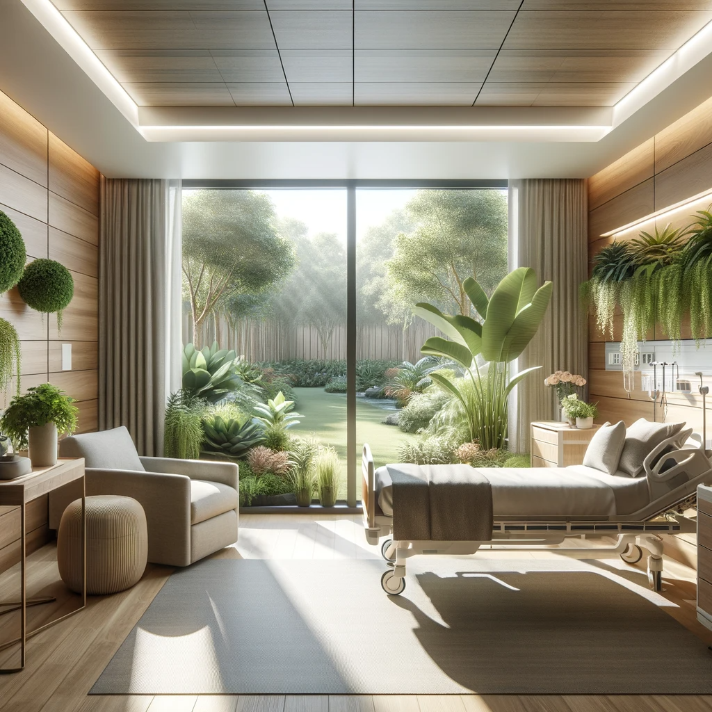 Hospital room with biophilic design, featuring indoor plants, natural wood, and a garden view for patient well-being