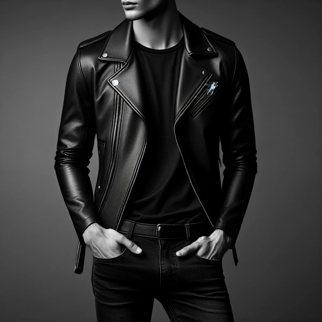 7 Expert Fashion Tips: How to Style Men's Leather Jackets for Every Season 4 Stylish monochrome outfit with a black leather jacket, black jeans, and T-shirt, showcasing minimalist elegance.