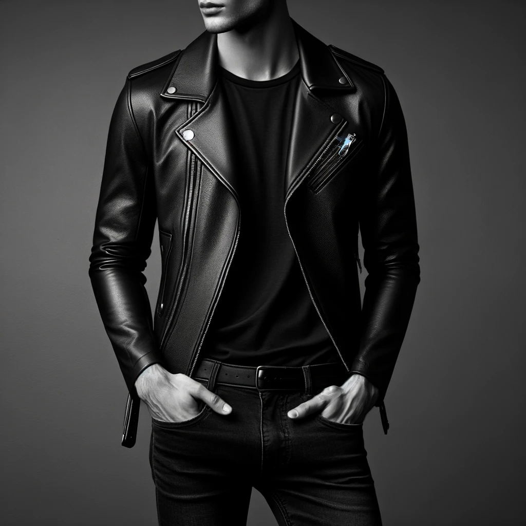 Stylish monochrome outfit with a black leather jacket, black jeans, and T-shirt, showcasing minimalist elegance.
