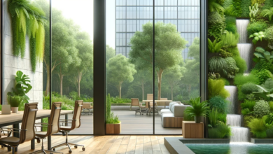 5 Expert Tips to Incorporate Biophilic Design into Your Interior Home Decor 6 Modern office integrating biophilic design with a green wall, indoor waterfall, and garden view