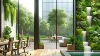 Modern office integrating biophilic design with a green wall, indoor waterfall, and garden view