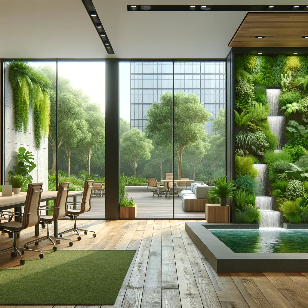 Modern office integrating biophilic design with a green wall, indoor waterfall, and garden view