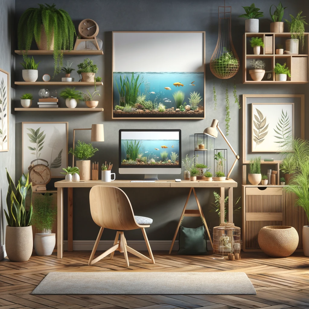 Home office with biophilic design, including indoor water feature and plants, creating a nature-connected workspace.