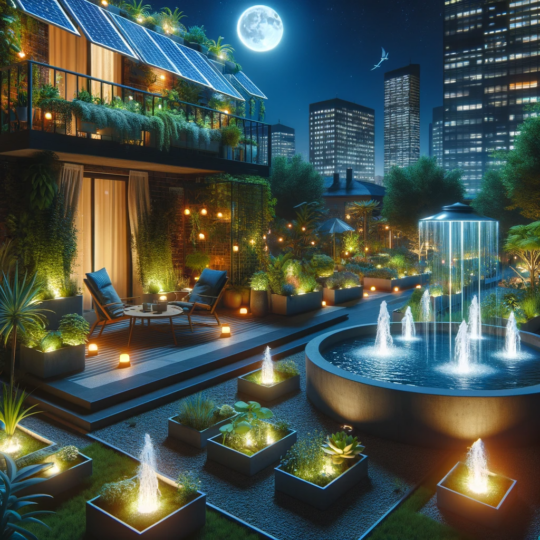 Urban Gardening: Maximizing Your Space in the City 3 Urban garden at night powered by solar lights, featuring a solar-powered fountain and sustainable plant containers