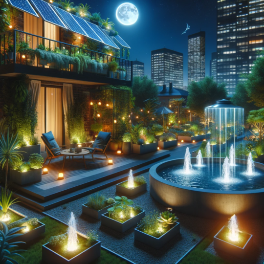Urban garden at night powered by solar lights, featuring a solar-powered fountain and sustainable plant containers
