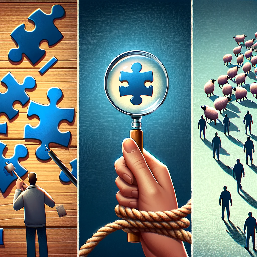 Illustration of a person examining puzzle pieces for confirmation bias, another holding a rope for loss aversion, and a group moving together with sheep shadows, symbolizing herd mentality
